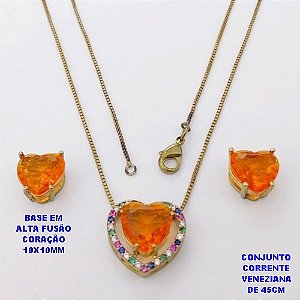 CONJUNTO NO BRUTO PRONTO PARA O BANHO - CONJUNTO COM CORRENTE VENEZIANA DE 45CM / BRINCO E PINGENTE COM BASE EM ALTA FUSÃO(ZIRCONIA CORAÇÃO )" 10X10MM" / PESO 6.3GR - BRU28416