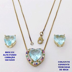 CONJUNTO NO BRUTO PRONTO PARA O BANHO - CONJUNTO COM CORRENTE VENEZIANA DE 45CM / BRINCO E PINGENTE COM BASE EM ALTA FUSÃO(ZIRCONIA CORAÇÃO )" 10X10MM" / PESO 6.3GR - BRU28417
