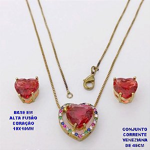 CONJUNTO NO BRUTO PRONTO PARA O BANHO - CONJUNTO COM CORRENTE VENEZIANA DE 45CM / BRINCO E PINGENTE COM BASE EM ALTA FUSÃO(ZIRCONIA CORAÇÃO )" 10X10MM" / PESO 6.3GR - BRU28418