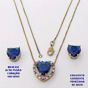 CONJUNTO NO BRUTO PRONTO PARA O BANHO - CONJUNTO COM CORRENTE VENEZIANA DE 45CM / BRINCO E PINGENTE COM BASE EM ALTA FUSÃO(ZIRCONIA CORAÇÃO )" 10X10MM" / PESO 6.3GR - BRU28419
