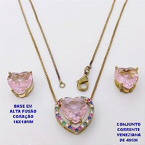 CONJUNTO NO BRUTO PRONTO PARA O BANHO - CONJUNTO COM CORRENTE VENEZIANA DE 45CM / BRINCO E PINGENTE COM BASE EM ALTA FUSÃO(ZIRCONIA CORAÇÃO )" 10X10MM" / PESO 6.3GR - BRU28420