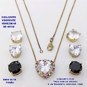 CONJUNTO NO BRUTO PRONTO PARA O BANHO - CONJUNTO COM CORRENTE VENEZIANA DE 45CM / BRINCO E PINGENTE COM BASE EM ALTA FUSÃO(ZIRCONIA " 10X10MM" / UM PINGENTE E TREIS PAR DE BRINCO 10X10MMPESO 13.5GR - BRU28421