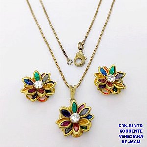 CONJUNTO NO BRUTO PRONTO PARA O BANHO(CX182 ) COM CORRENTE VENEZIANA DE 45CM COM FECHO LAGOSTA PINGENTE E BRINCO 12MM DE FLOR EM VIDRO E ZIRCONIA- -( PESO 5.2GR - BRU28467