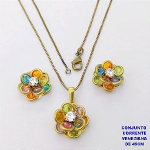 CONJUNTO NO BRUTO PRONTO PARA O BANHO(CX182 ) COM CORRENTE VENEZIANA DE 45CM COM FECHO LAGOSTA PINGENTE E BRINCO 14MM DE FLOR EM VIDRO E ZIRCONIA- -( PESO 6.2GR - BRU28468