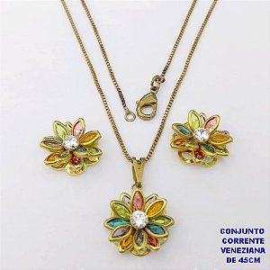 CONJUNTO NO BRUTO PRONTO PARA O BANHO(CX182 ) COM CORRENTE VENEZIANA DE 45CM COM FECHO LAGOSTA PINGENTE E BRINCO 14MM DE FLOR EM VIDRO E ZIRCONIA- -( PESO 5.3GR - BRU28469