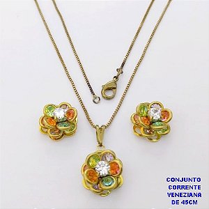 CONJUNTO NO BRUTO PRONTO PARA O BANHO(CX182 ) COM CORRENTE VENEZIANA DE 45CM COM FECHO LAGOSTA PINGENTE E BRINCO 12MM DE FLOR EM VIDRO E ZIRCONIA- -( PESO 5.3GR - BRU28470