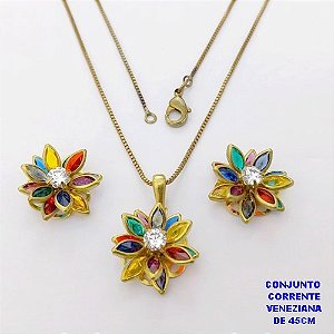CONJUNTO NO BRUTO PRONTO PARA O BANHO(CX182 ) COM CORRENTE VENEZIANA DE 45CM COM FECHO LAGOSTA PINGENTE E BRINCO 12MM DE FLOR EM VIDRO E ZIRCONIA- -( PESO 5.3GR - BRU28471