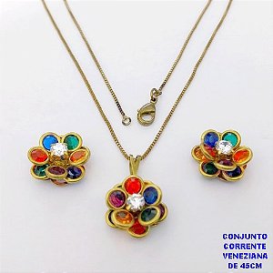CONJUNTO NO BRUTO PRONTO PARA O BANHO(AV)(CX195) COM CORRENTE VENEZIANA DE 45CM COM FECHO LAGOSTA PINGENTE E BRINCO 14MM DE FLOR EM VIDRO E ZIRCONIA- -( PESO 5.3GR - BRU28472