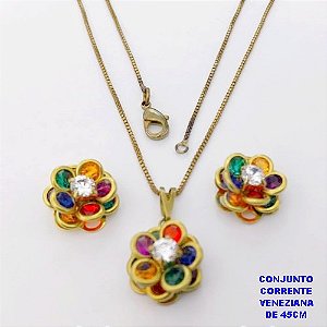 CONJUNTO NO BRUTO PRONTO PARA O BANHO(AV)(CX195 ) COM CORRENTE VENEZIANA DE 45CM COM FECHO LAGOSTA PINGENTE E BRINCO 12MM DE FLOR EM VIDRO E ZIRCONIA- -( PESO 5.3GR - BRU28473