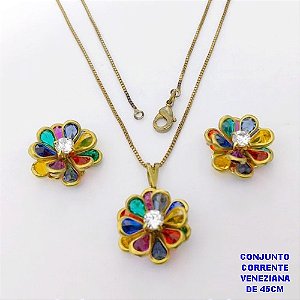 CONJUNTO NO BRUTO PRONTO PARA O BANHO(AV)(CX195 ) COM CORRENTE VENEZIANA DE 45CM COM FECHO LAGOSTA PINGENTE E BRINCO 14MM DE FLOR EM VIDRO E ZIRCONIA- -( PESO 6.3GR - BRU28474