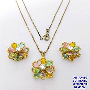 CONJUNTO NO BRUTO PRONTO PARA O BANHO(AV)(CX195)COM CORRENTE VENEZIANA DE 45CM COM FECHO LAGOSTA PINGENTE E BRINCO 14MM DE FLOR EM VIDRO E ZIRCONIA- -( PESO 6.3GR - BRU28475
