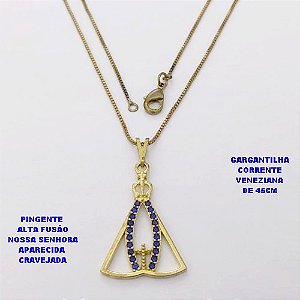 GARGANTILHA NO BRUTO PRONTO PARA O BANHO(CX ) COM CORRENTE VENEZIANA DE 45CM COM FECHO LAGOSTA PINGENTE EM ALTA FUSÃO(NOSSA SENHORA APARECIDA CRAVEJADA)TAMANHO 2,5X2CM -( PESO 3.1GR - BRU28492