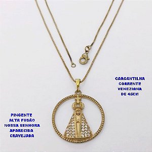 GARGANTILHA NO BRUTO PRONTO PARA O BANHO(CX ) COM CORRENTE VENEZIANA DE 45CM COM FECHO LAGOSTA PINGENTE EM ALTA FUSÃO(NOSSA SENHORA APARECIDA CRAVEJADA)TAMANHO 2,5CM -( PESO 3.9GR - BRU28494
