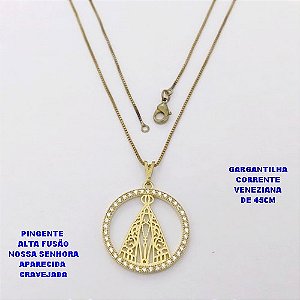 GARGANTILHA NO BRUTO PRONTO PARA O BANHO(CX ) COM CORRENTE VENEZIANA DE 45CM COM FECHO LAGOSTA PINGENTE EM ALTA FUSÃO(NOSSA SENHORA APARECIDA CRAVEJADA)TAMANHO 2,5CM -( PESO 3.9GR - BRU28495