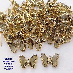 BRINCO NO BRUTO PRONTO PARA O BANHO(CX ) BRINCO DE PINO BORBOLETA EM VIDRO E ZIRCONIA / TAMANHO 14X12MM -( PESO 2.6GR - BRU28498