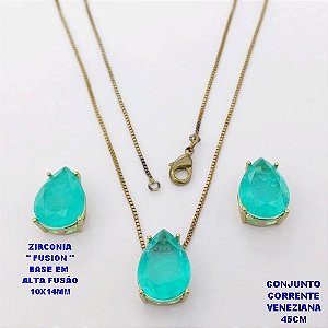 CONJUNTO NO BRUTO PRONTO PARA O BANHO(POTE )COM CORRENTE VENEZIANA DE 45CM / BRINCO E PINGENTE COM PEDRA DE ZIRCONIA "FUSION" COM BASE EM ALTA FUSÃO " 10X14MM " / PESO 7,7GR - BRU28802