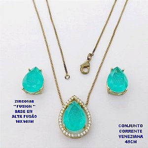 CONJUNTO NO BRUTO PRONTO PARA O BANHO(POTE )COM CORRENTE VENEZIANA DE 45CM / BRINCO E PINGENTE COM PEDRA DE ZIRCONIA "FUSION" COM BASE EM ALTA FUSÃO " 10X14MM " / PESO 7,7GR - BRU28803