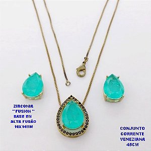 CONJUNTO NO BRUTO PRONTO PARA O BANHO(POTE )COM CORRENTE VENEZIANA DE 45CM / BRINCO E PINGENTE COM PEDRA DE ZIRCONIA "FUSION" COM BASE EM ALTA FUSÃO " 10X14MM " / PESO 7,7GR - BRU28804