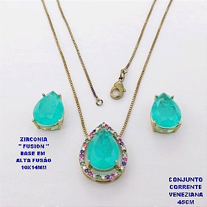 CONJUNTO NO BRUTO PRONTO PARA O BANHO(POTE )COM CORRENTE VENEZIANA DE 45CM / BRINCO E PINGENTE COM PEDRA DE ZIRCONIA "FUSION" COM BASE EM ALTA FUSÃO " 10X14MM " / PESO 7,7GR - BRU28805