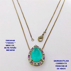 GARGANTILHA NO BRUTO PRONTO PARA O BANHO(POTE )COM CORRENTE VENEZIANA DE 45CM / BRINCO E PINGENTE COM PEDRA DE ZIRCONIA "FUSION" COM BASE EM ALTA FUSÃO " 10X14MM " / PESO 4.4GR - BRU28807