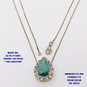 GARGANTILHA NO BRUTO PRONTO PARA O BANHO(POTE )COM CORRENTE VENEZIANA DE 45CM / BRINCO E PINGENTE COM PEDRA DE " CALCEDONIA " COM BASE EM ALTA FUSÃO " 10X14MM " / PESO 4.3GR - BRU29016