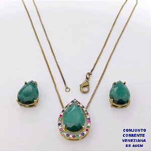 CONJUNTO NO BRUTO PRONTO PARA O BANHO(POTE )COM CORRENTE VENEZIANA DE 45CM / BRINCO E PINGENTE COM PEDRA DE " CALCEDONIA " COM BASE EM ALTA FUSÃO " 10X14MM " / PESO 7.2GR - BRU29025