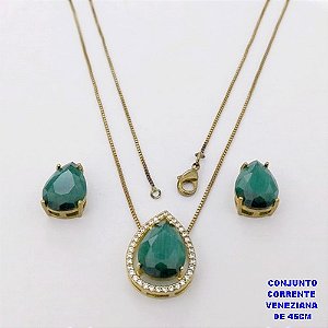 CONJUNTO NO BRUTO PRONTO PARA O BANHO(POTE )COM CORRENTE VENEZIANA DE 45CM / BRINCO E PINGENTE COM PEDRA DE " CALCEDONIA " COM BASE EM ALTA FUSÃO " 10X14MM " / PESO 7.2GR - BRU29026