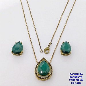 CONJUNTO NO BRUTO PRONTO PARA O BANHO(POTE )COM CORRENTE VENEZIANA DE 45CM / BRINCO E PINGENTE COM PEDRA DE " CALCEDONIA " COM BASE EM ALTA FUSÃO " 10X14MM " / PESO 7.2GR - BRU29027