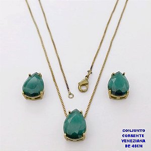 CONJUNTO NO BRUTO PRONTO PARA O BANHO(POTE )COM CORRENTE VENEZIANA DE 45CM / BRINCO E PINGENTE COM PEDRA DE " CALCEDONIA " COM BASE EM ALTA FUSÃO " 10X14MM " / PESO 7.2GR - BRU29028