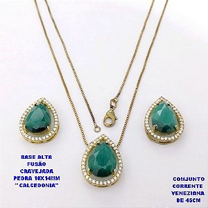 CONJUNTO NO BRUTO PRONTO PARA O BANHO(POTE )COM CORRENTE VENEZIANA DE 45CM / BRINCO E PINGENTE COM PEDRA DE " CALCEDONIA " COM BASE EM ALTA FUSÃO " 10X14MM " / PESO 7.2GR - BRU29029