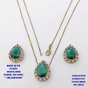 CONJUNTO NO BRUTO PRONTO PARA O BANHO(POTE )COM CORRENTE VENEZIANA DE 45CM / BRINCO E PINGENTE COM PEDRA DE " CALCEDONIA " COM BASE EM ALTA FUSÃO " 10X14MM " / PESO 7.2GR - BRU29030