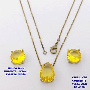 CONJUNTO NO BRUTO PRONTO PARA O BANHO(POTE )COM CORRENTE VENEZIANA DE 45CM / BRINCO E PINGENTE COM PEDRA DE " ZIRCONIA " COM BASE EM ALTA FUSÃO " 10X14MM " / PESO 5.9GR - BRU29039