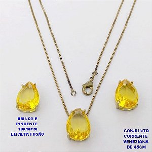CONJUNTO NO BRUTO PRONTO PARA O BANHO(POTE )COM CORRENTE VENEZIANA DE 45CM / BRINCO E PINGENTE COM PEDRA DE " ZIRCONIA " COM BASE EM ALTA FUSÃO " 10X14MM " / PESO 5.9GR - BRU29040