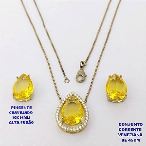 CONJUNTO NO BRUTO PRONTO PARA O BANHO(POTE )COM CORRENTE VENEZIANA DE 45CM / BRINCO E PINGENTE COM PEDRA DE " ZIRCONIA " COM BASE EM ALTA FUSÃO " 10X14MM " / PESO 5.9GR - BRU29041
