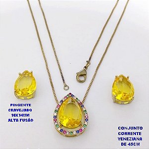CONJUNTO NO BRUTO PRONTO PARA O BANHO(POTE )COM CORRENTE VENEZIANA DE 45CM / BRINCO E PINGENTE COM PEDRA DE " ZIRCONIA " COM BASE EM ALTA FUSÃO " 10X14MM " / PESO 5.9GR - BRU29042