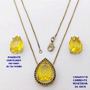CONJUNTO NO BRUTO PRONTO PARA O BANHO(POTE )COM CORRENTE VENEZIANA DE 45CM / BRINCO E PINGENTE COM PEDRA DE " ZIRCONIA " COM BASE EM ALTA FUSÃO " 10X14MM " / PESO 5.9GR - BRU29044