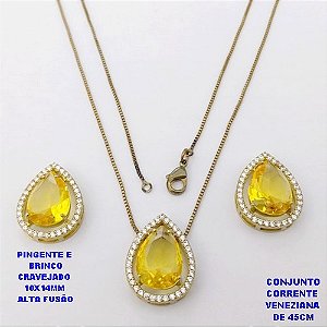 CONJUNTO NO BRUTO PRONTO PARA O BANHO(POTE )COM CORRENTE VENEZIANA DE 45CM / BRINCO E PINGENTE COM PEDRA DE " ZIRCONIA " COM BASE EM ALTA FUSÃO " 10X14MM " / PESO 5.9GR - BRU29044