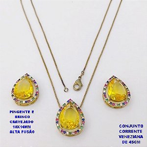 CONJUNTO NO BRUTO PRONTO PARA O BANHO(POTE )COM CORRENTE VENEZIANA DE 45CM / BRINCO E PINGENTE COM PEDRA DE " ZIRCONIA " COM BASE EM ALTA FUSÃO " 10X14MM " / PESO 5.9GR - BRU29045