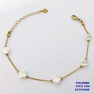 PULSEIRA NO BRUTO PRONTO PARA O BANHO(AV)(CX195 ) PULSEIRA CORRENTE VENEZIANA COM TREVO EM PEROLAS -TAMANHO 17CM+EXTENSOR COM FECHO LAGOSTA- PESO 1.9GR - BRU29060