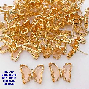 BRINCO NO BRUTO PRONTO PARA O BANHO(CX ). BRINCO DE PINO BORBOLETA EM VIDRO E ZIRCONIA / TAMANHO 18X14MM -( PESO 3.6GR - BRU29078