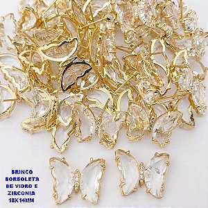 BRINCO NO BRUTO PRONTO PARA O BANHO(CX ). BRINCO DE PINO BORBOLETA EM VIDRO E ZIRCONIA / TAMANHO 18X14MM -( PESO 3.6GR - BRU29082