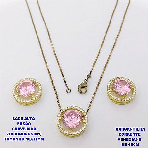 CONJUNTO NO BRUTO PRONTO PARA O BANHO(POTE) CONJUNTO COM CORRENTE VENEZIANA DE 45CM / BRINCO E PINGENTE COM BASE EM ALTA FUSÃO( "ZIRCONIA GS001 ")" 10X10MM" / PESO 10GR - BRU29083