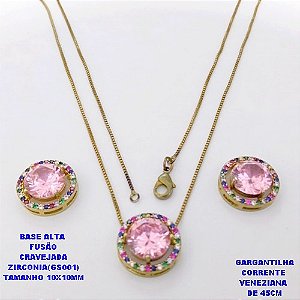 CONJUNTO NO BRUTO PRONTO PARA O BANHO(POTE) CONJUNTO COM CORRENTE VENEZIANA DE 45CM / BRINCO E PINGENTE COM BASE EM ALTA FUSÃO( "ZIRCONIA GS001 ")" 10X10MM" / PESO 10GR - BRU29084