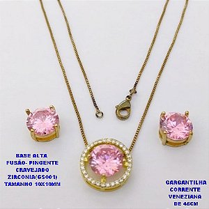 CONJUNTO NO BRUTO PRONTO PARA O BANHO(POTE) CONJUNTO COM CORRENTE VENEZIANA DE 45CM / BRINCO E PINGENTE COM BASE EM ALTA FUSÃO( "ZIRCONIA GS001 ")" 10X10MM" / PESO 9GR - BRU29085