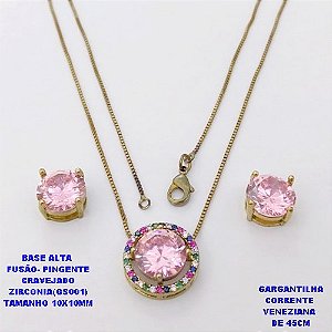 CONJUNTO NO BRUTO PRONTO PARA O BANHO(POTE) CONJUNTO COM CORRENTE VENEZIANA DE 45CM / BRINCO E PINGENTE COM BASE EM ALTA FUSÃO( "ZIRCONIA GS001 ")" 10X10MM" / PESO 9GR - BRU29086