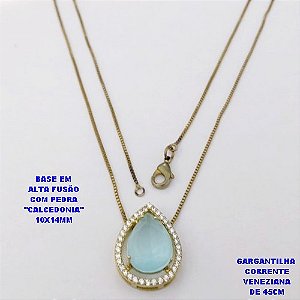 GARGANTILHA NO BRUTO PRONTO PARA O BANHO(POTE )COM CORRENTE VENEZIANA DE 45CM / PINGENTE COM PEDRA DE " CALCEDONIA " COM BASE EM ALTA FUSÃO " 10X14MM " / PESO 3.9GR - BRU29092