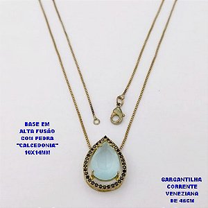 GARGANTILHA NO BRUTO PRONTO PARA O BANHO(POTE )COM CORRENTE VENEZIANA DE 45CM / PINGENTE COM PEDRA DE " CALCEDONIA " COM BASE EM ALTA FUSÃO " 10X14MM " / PESO 3.9GR - BRU29093