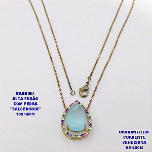 GARGANTILHA NO BRUTO PRONTO PARA O BANHO(POTE )COM CORRENTE VENEZIANA DE 45CM / PINGENTE COM PEDRA DE " CALCEDONIA " COM BASE EM ALTA FUSÃO " 10X14MM " / PESO 3.9GR - BRU29094