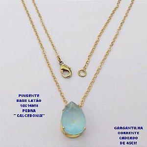 GARGANTILHA NO BRUTO PRONTO PARA O BANHO(POTE )COM CORRENTE CADEADO DE 45CM / PINGENTE COM PEDRA DE " CALCEDONIA " COM BASE EM LATÃO " 10X14MM " / PESO 2.8GR - BRU29096