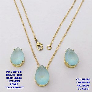 CONJUNTO NO BRUTO PRONTO PARA O BANHO(POTE )COM CORRENTE CADEADO DE 45CM / PINGENTE E BRINCO COM PEDRA DE " CALCEDONIA " COM BASE EM LATÃO " 10X14MM " / PESO 5.5GR - BRU29097
